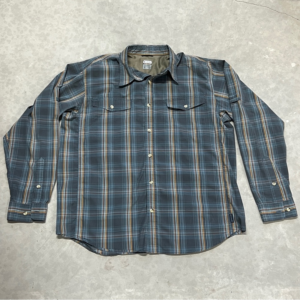 Columbia Men's Adult Sz XL Button Shirt Long Sleeve Plaid Gray/blue Titanium